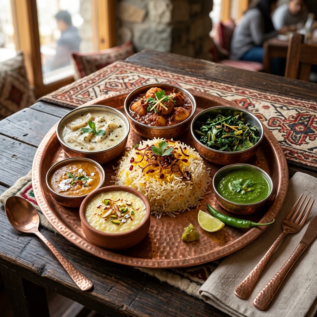 Kashmiri vegetarian thali with Dum Aloo and Haak Saag
