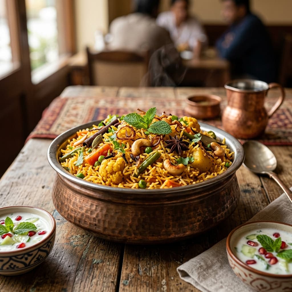 Aromatic vegetable biryani served in copper handi at Pushpa Restaurant